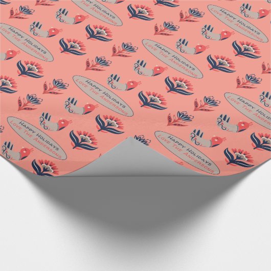 Scandinavische volks kunst koraalblauwe vogels blo cadeaupapier (Hoek)