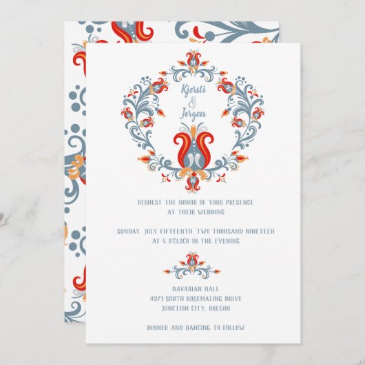 Scandinavische volks kunst trouw uitnodiging blauw (Voorkant / Achterkant)