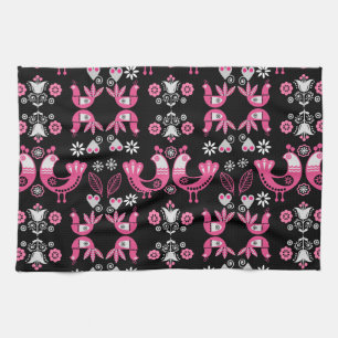 Scandinavische volks- roze en witte vogels theedoek