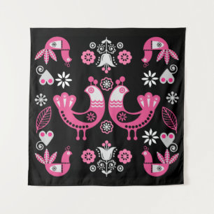 Scandinavische volks- roze en witte vogels wandkleed
