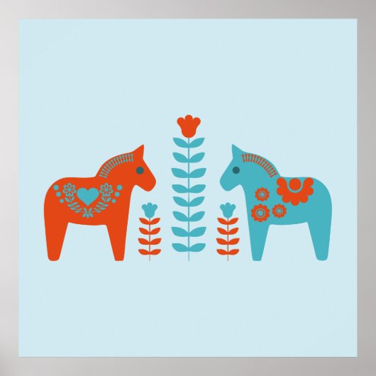 Scandinavische volkskunst dala paarden en bloemen poster (Voorkant)