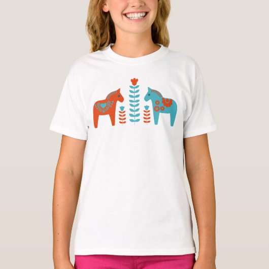 Scandinavische volkskunst dala paarden en bloemen t-shirt (Voorkant)