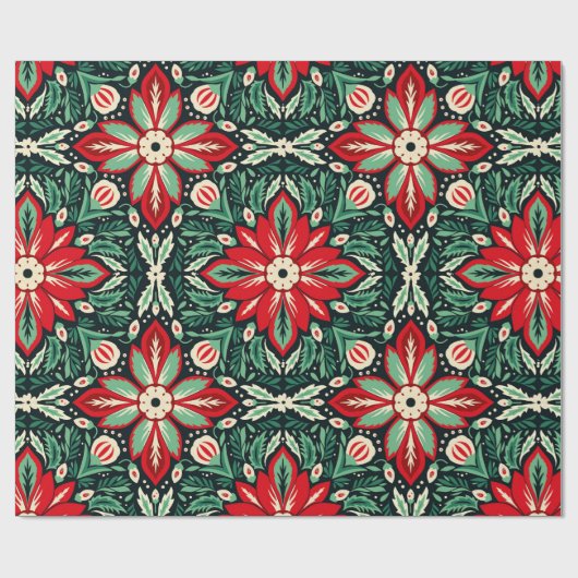 Scandinavische volkskunst Kerst rood en groen Cadeaupapier (Vlak)