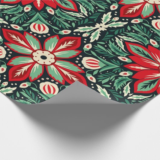 Scandinavische volkskunst Kerst rood en groen Cadeaupapier (Hoek)