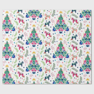 Scandinavische volkskunst kerstbomen & Dala paard Cadeaupapier