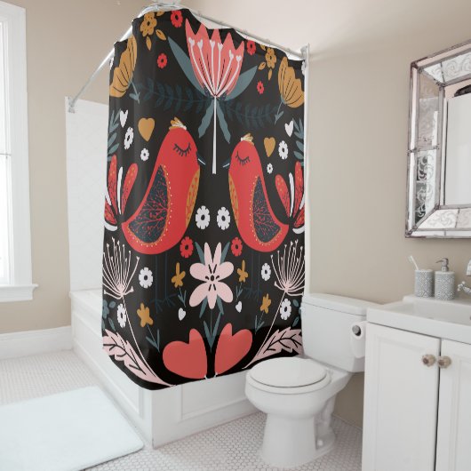 Scandinavische volkskunst: kleurrijke vogels. douchegordijn (In situ)