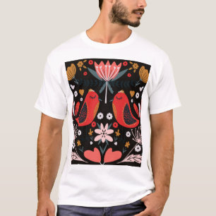 Scandinavische volkskunst: kleurrijke vogels. t-shirt