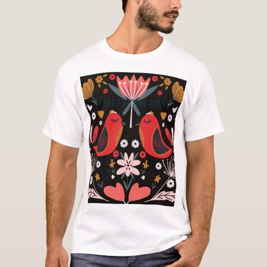 Scandinavische volkskunst: kleurrijke vogels. t-shirt (Voorkant)