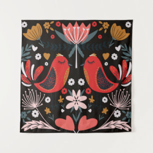 Scandinavische volkskunst: kleurrijke vogels. wandkleed
