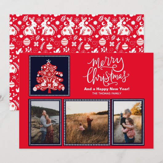 Scandinavische volkskunst Merry Christmas Tree 3 F Feestdagenkaart (Voorkant / Achterkant)