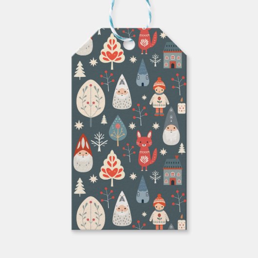 Scandinavische volkskunst met kerstkabouters cadeaulabel (Voorkant)