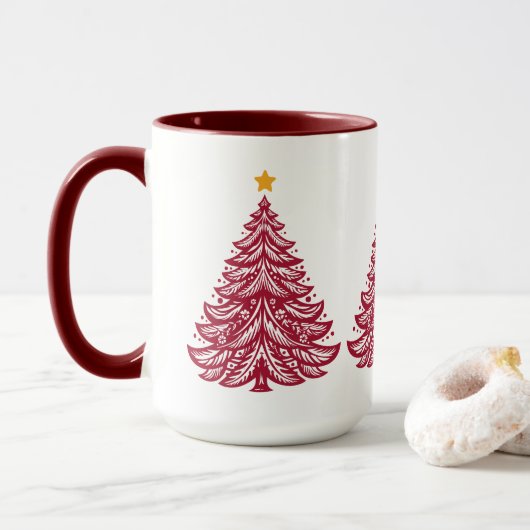 Scandinavische volkskunst rode kerstboom koffie mok (Met donut)