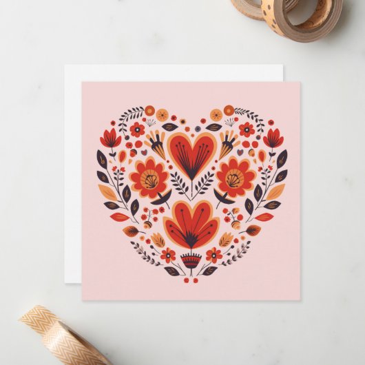 Scandinavische volkskunst Valentijnse Notitiekaartje (Voorkant / Achterkant in situ)