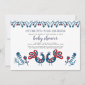 Scandinavische Volkskunst Vogels BABYSHOWER Blauw Kaart (Voorkant)