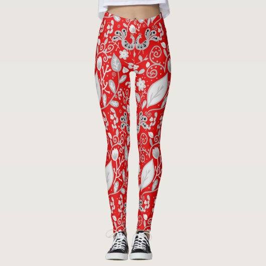 Scandinavische volkskunst vogels rood wit leggings (Voorkant)