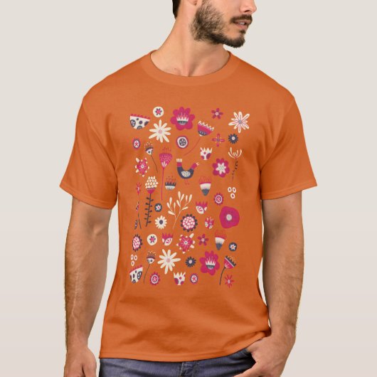 Scandinavische volksvogels en bloemen grappig t-shirt (Voorkant)