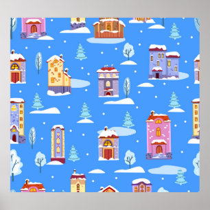 Scandinavische winterhuizen sneeuwpatroon poster