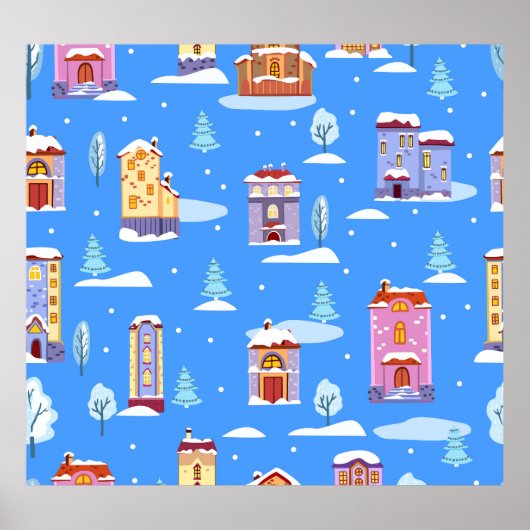 Scandinavische winterhuizen sneeuwpatroon poster (Voorkant)