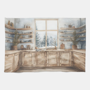 Scandinavische Winterkeuken Aquarel met Sneeuw Theedoek