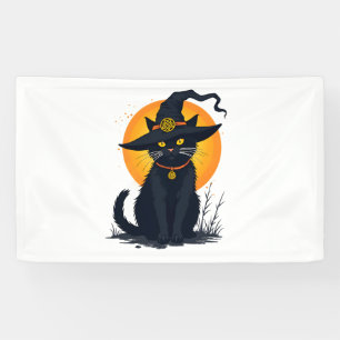 Scandinavische zwarte kat met heks Pet volle maan Spandoek
