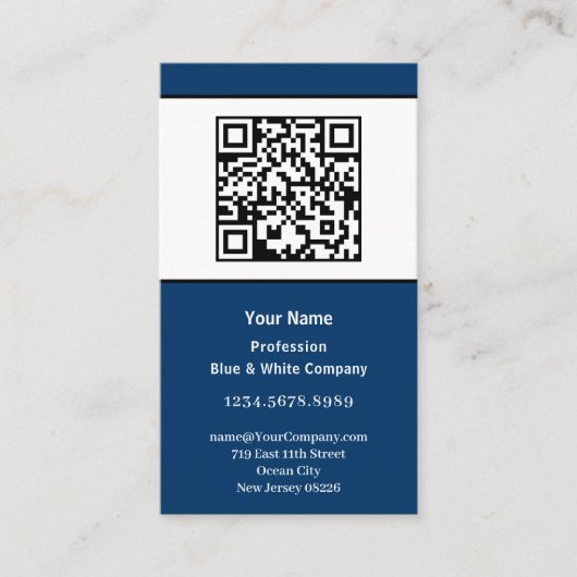 Scannbaar zwart, blauw en wit portret visitekaartje (Voorkant)