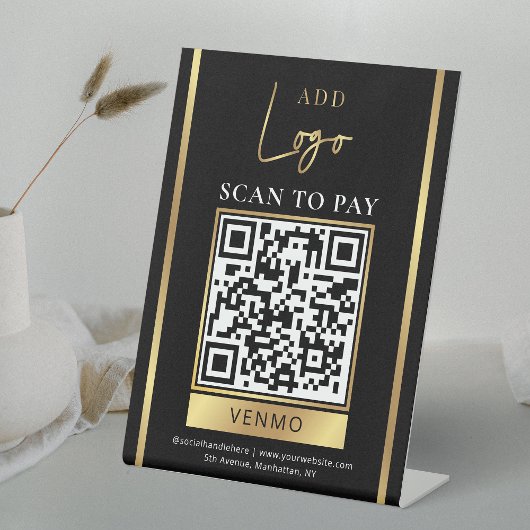 Scannen naar betalen Black & Gold Business Logo QR Reclamebord Met Voetstuk