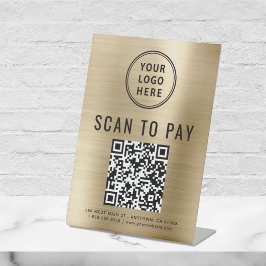 Scannen naar betaling van Logo QR-code Gold Reclamebord Met Voetstuk