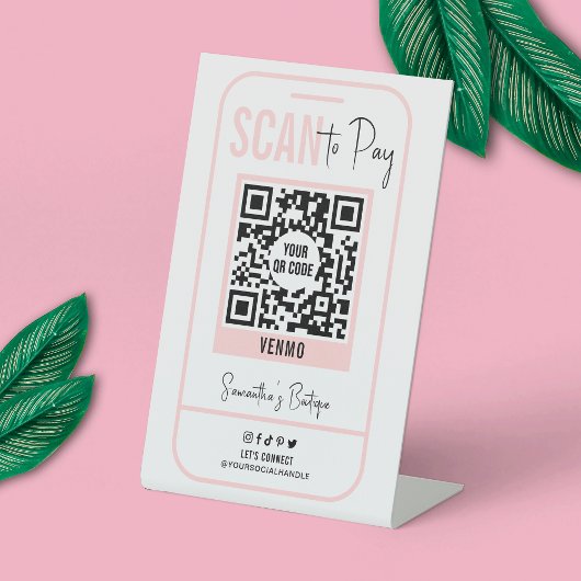 Scannen naar Blush Pink Moderne Logo QR-code Reclamebord Met Voetstuk