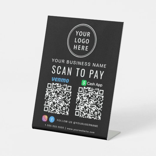 Scannen naar Logo CashApp Venmo QR Codes Black Reclamebord Met Voetstuk (Voorkant)