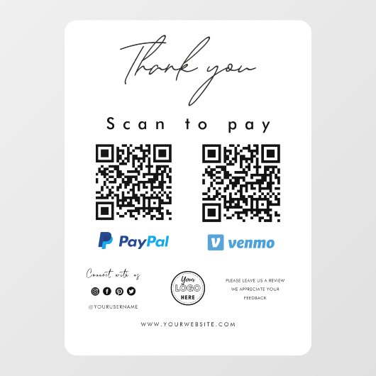 Scannen naar Logo PayPal Venmo QR-code Bedankt Raamsticker (Vel)