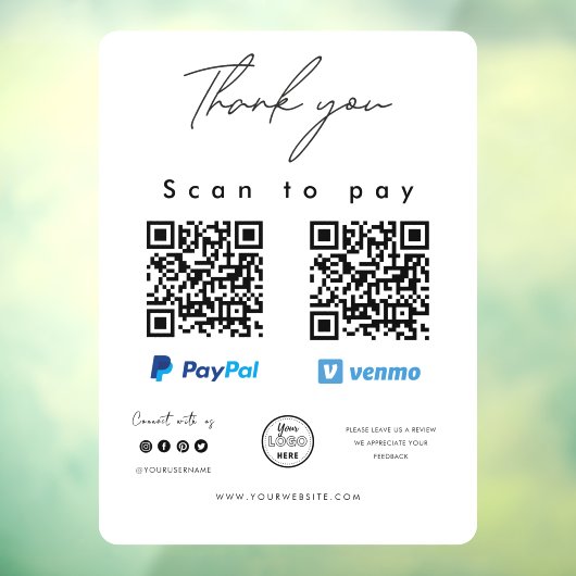 Scannen naar Logo PayPal Venmo QR-code Bedankt Raamsticker (Vel 3)