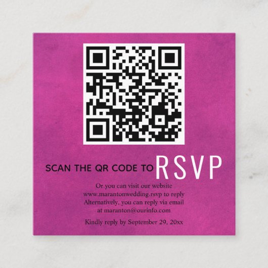 Scannen QR-code online RSVP-fuchsia roze bruiloft Informatiekaartje (Voorkant)