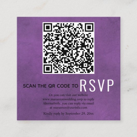 Scannen QR-code online RSVP paars gekleurde bruilo Informatiekaartje (Voorkant)