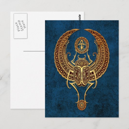 Scarab Beetle met Ankh op Blue Briefkaart (Voorkant / Achterkant)