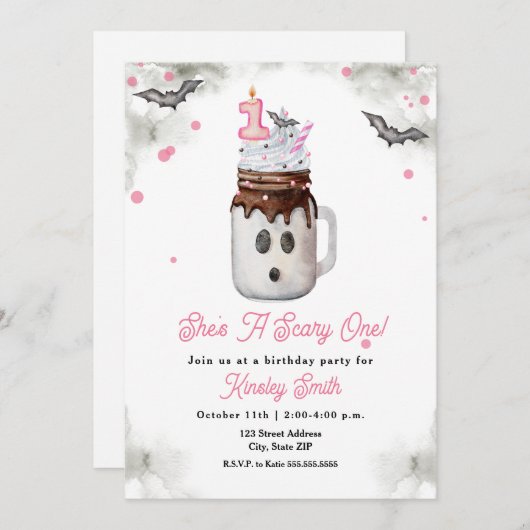 Scare Een 1e Verjaardag Pink Ghost Milkshake Kaart (Voorkant / Achterkant)