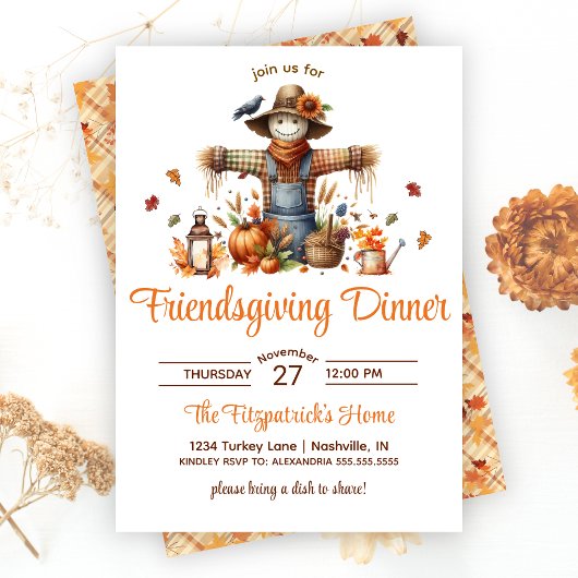 Scarecrow Friendsgiving Feest Thanksgiving Diner Kaart