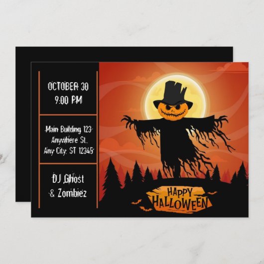 Scarecrow Moonlight Halloween Party Invitation Kaart (Voorkant / Achterkant)