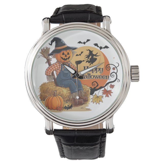 Scarecrow Pompoen Halloween Rustieke Vibes Art Horloge (Voorkant)