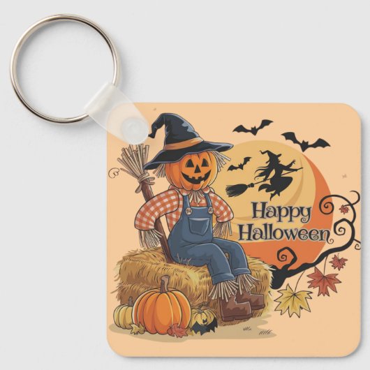 Scarecrow Pompoen Halloween Rustieke Vibes Art Sleutelhanger (Voorkant)