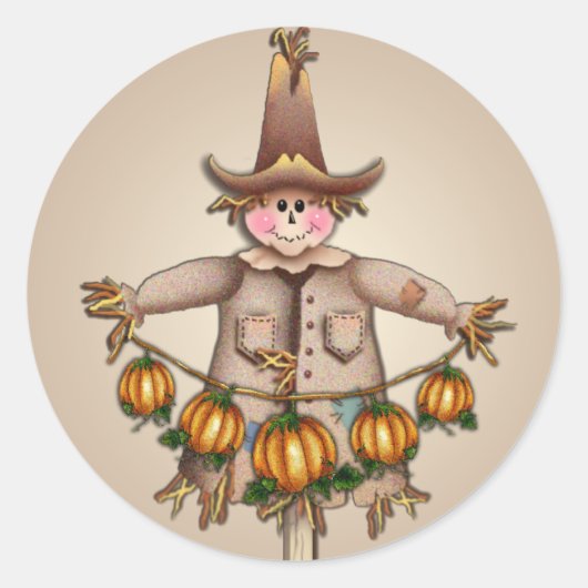 SCARECROW & PUMPKIN GARLAND DOOR SHARON SHARPE RONDE STICKER (Voorkant)