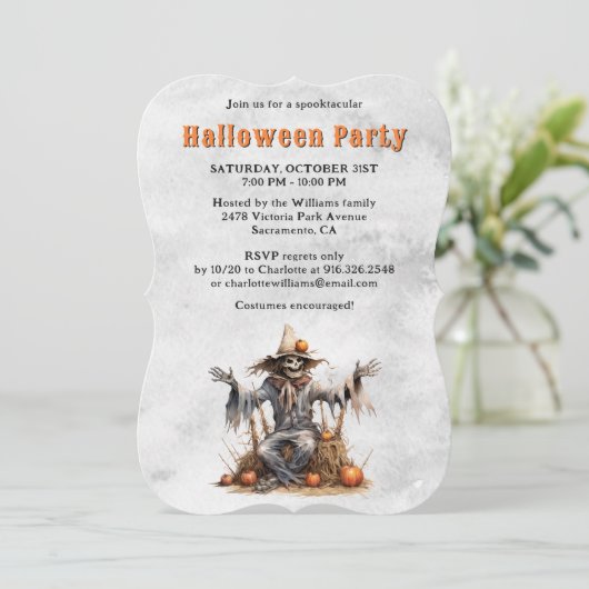 Scarecrow Skeleton Pumpkins Halloween Party Kaart (Staand voorkant)