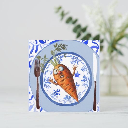 Scared Carrot Christmas Dinner setting Groenten Feestdagenkaart (Staand voorkant)