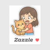 Scared Girl Hugging Her Cat Sticker (Vel)