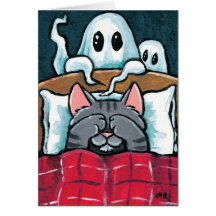 Scared of Ghosts Tabby Cat in Bed Illustration
