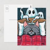 Scared of Ghosts Tabby Cat in Bed Illustration Briefkaart (Voorkant / Achterkant)