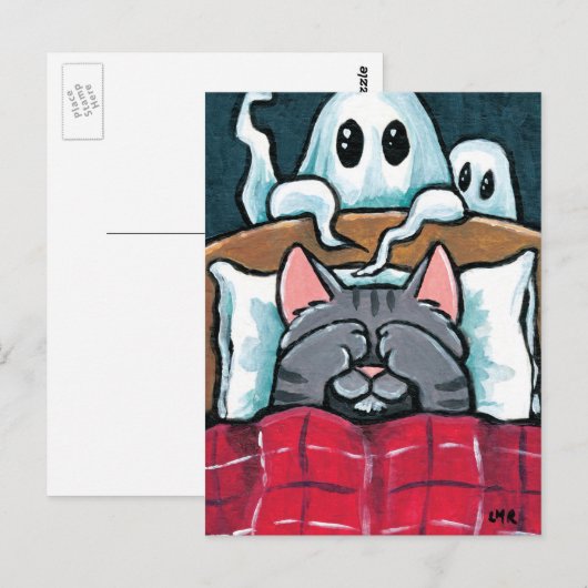 Scared of Ghosts Tabby Cat in Bed Illustration Briefkaart (Voorkant / Achterkant)