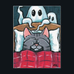 Scared of Ghosts Tabby Cat in Bed Illustration Briefkaart<br><div class="desc">Cat Halloween briefkaart met een illustratie van een bange kat die zijn ogen bedekt met zijn poten terwijl hij in bed ligt. Achter het bed zitten twee spoken. Ideaal voor kattenliefhebbers! Copyright kunstwerk © Lisa Marie Robinson. Alle rechten voorbehouden.</div>