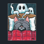 Scared of Ghosts Tabby Cat in Bed Illustration Briefkaart<br><div class="desc">Cat Halloween briefkaart met een illustratie van een bange kat die zijn ogen bedekt met zijn poten terwijl hij in bed ligt. Achter het bed zitten twee spoken. Ideaal voor kattenliefhebbers! Copyright kunstwerk © Lisa Marie Robinson. Alle rechten voorbehouden.</div>
