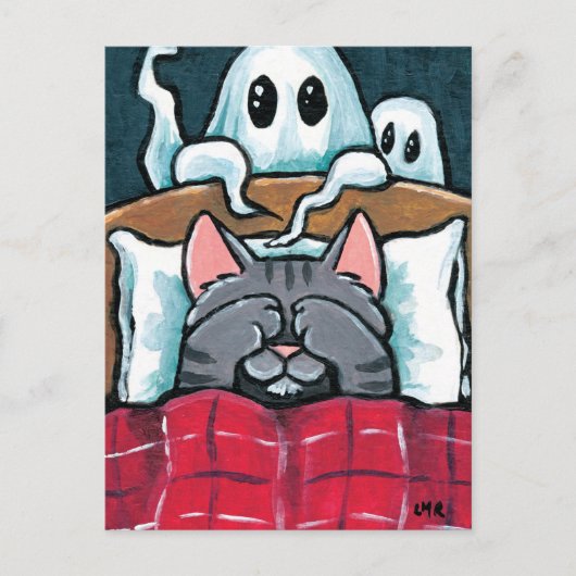 Scared of Ghosts Tabby Cat in Bed Illustration Briefkaart (Voorkant)