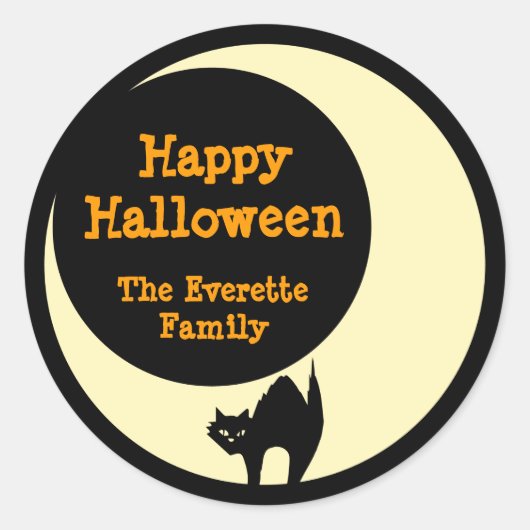Scaredly kat in gele maan blij halloween gunst ronde sticker (Voorkant)